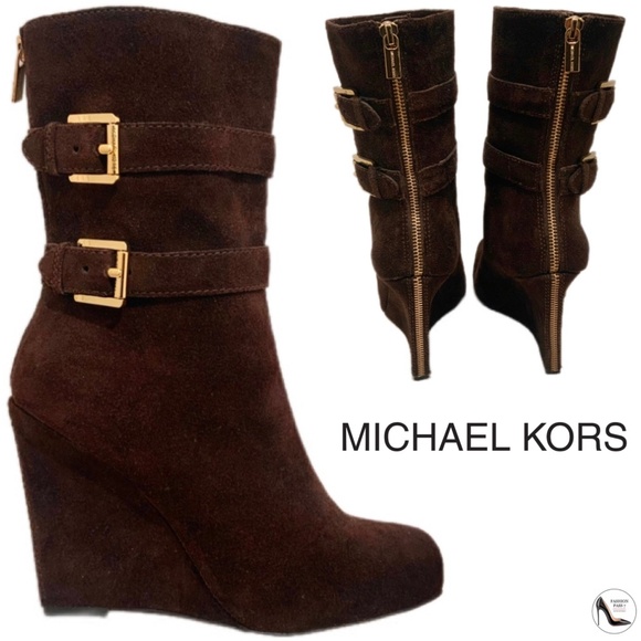 Michael Kors Shoes - Michael Kors Parker Brown Suede Leather Wedge Bootie Exposed Zip Ankle Boots 7.5